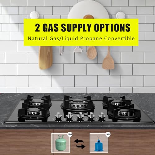 Tymetik TKG5008-G01 Gas Cooktop 30 Inch, Built-In Tempered Glass Gas Stovetop 5 High Efficiency Burners Gas Stove Top Propane/Natural Gas Convertible Gas Hob thumb #3