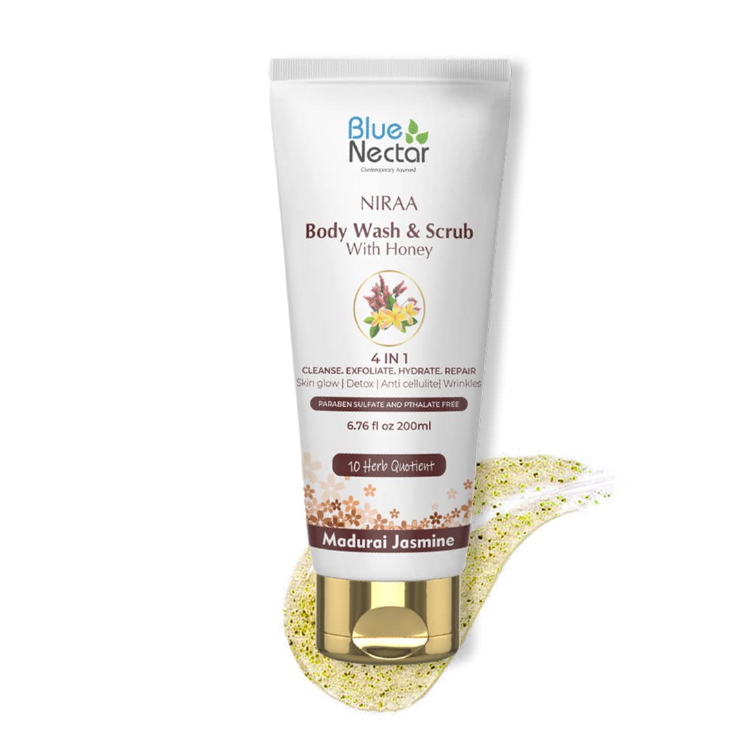 Blue Nectar Exfoliating Body Wash & Scrub for Rough & Bumpy Skin | Madurai Jasmine Tan Removal Body Scrub for Women & Men 10 herbs, 250ml)