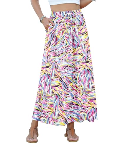 KUOTAI High Waist A-Line Skirts for Women Flowy Long Maxi Skirt with Pockets Boho for Women 2025 Trendy, Bright Pink Flo, Large