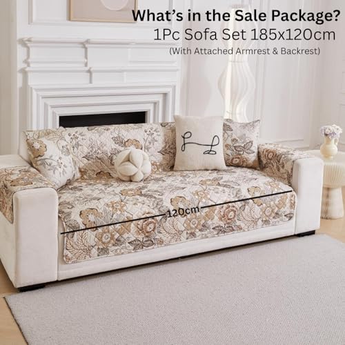 Image of HOMETHREADS Premium Style Anti Slip Sofa Cover Set | Cotton Sofa Slipcover | 1Pc Front Cover with Attached Armrest + 1Pc Back Cover (Coffee Rose, 2 Seater | 120x185cm)