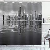 Ambesonne Chicago Skyline Shower Curtain, Nostalgic Weathered Lake Michigan Harbor Coastal Town Urban Vintage, Cloth Fabric Bathroom Decor Set with Hooks, 69' W x 70' L, Black and White