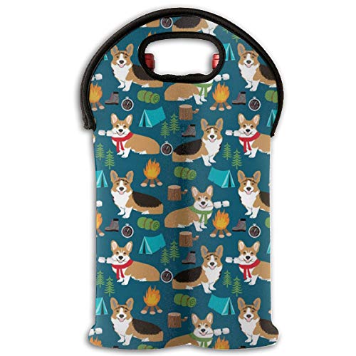 Corgi Camping With Aspen Campfire Roasting Wine Carrier Tote Bag Neoprene Single 2-Bottle