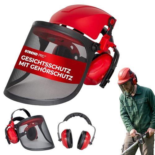 STREND PRO Schutzhelm mit Visier und Gehörschutz | Gesichtsschutz für Motorsäge Freischneider und Rasentrimmer | Stahlgitter-Netzvisier | Kapselgehörschutz | Safetyco-Serie | EN 1731 EN 352-1