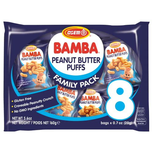 Osem Bamba Peanut Snacks for the Family - All Natural Peanut Puffs (Pack of 8) 0.7oz bags - Only 4 Ingredients - Peanut Butter Puffs made with 50% peanuts.