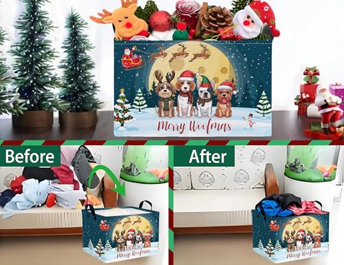 Image of Large Christmas Gifts Empty Baskets Kids Collapsible Holiday Storage Bin with Handle (Hat Dog)