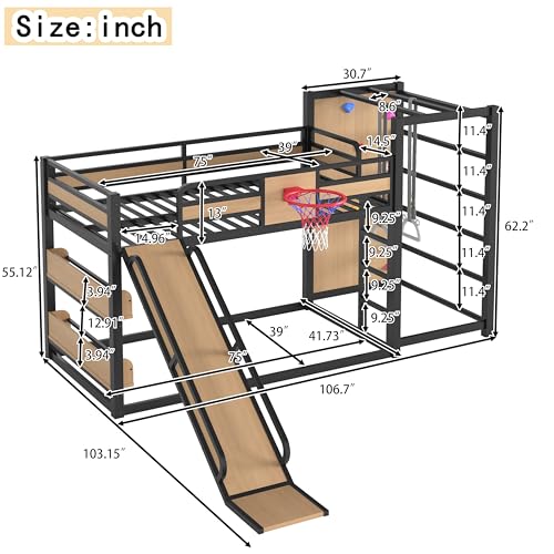 Image of Bellemave Bunk Bed Twin Over Twin with Slide, Basketball Hoop & Climbing Wall, Heavy Duty Metal Twin Bunk Beds for Kids with Guardrails, Low Bunk Bed for Bedrooms, No Box Spring Needed, Yellow