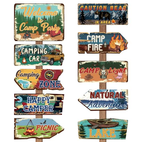 Image of Hooqict 20 Pieces Camping Party Decorations Camping Themed Party Directional Signs for Summer Camp Day Classroom Welcome to Camp Birthday Decor Picnic Yard Sign