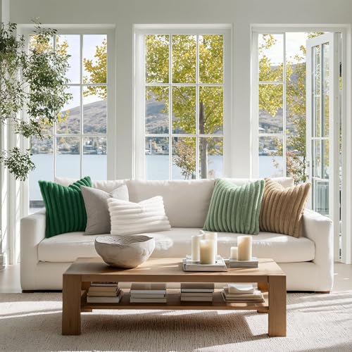 Image of MIULEE Faux Fur Decorative Throw Pillow Covers 18x18 Set of 2 Dark Green | Modern Spring Home Decor Soft Plush Couch Pillows Cozy Fluffy Cushion Covers for Sofa Bed Living Room