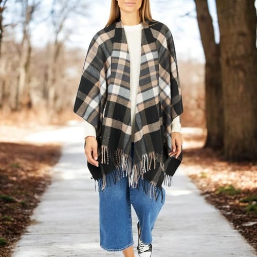 Image of Women's Shawl Wrap Poncho Ruana Cape Cardigan Sweater Open Front for Fall Winter Spring