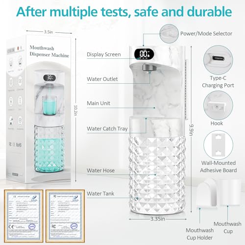 Automatic Mouthwash Dispenser for Bathroom,20.29 oz Mouth Wash Dispensers Bathroom Accessories Set with Magnetic Cups,4 Modes Wall Mounted Touchless Electric Mouthwash Dispensers for Home Family - image 8