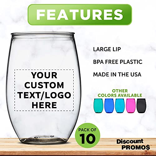 Custom Plastic Stemless Wine Glasses 16 oz. Set of 10, Personalized Bulk Pack - BPA Free, Great for Outdoor Lounges, Poolside, Parties and Other Events - Clear