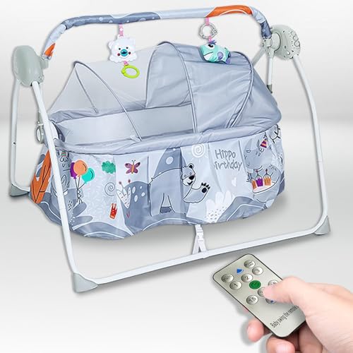 Image of Infantso Iron Baby Cradle Swing with 3 Point Safety Harness, Hanging Toys, Soothing Lullabies Music, for 0-2 Years Baby Boys and Girls Baby Jhula (Grey, Chevron)