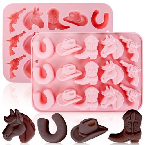 Fuehbur Western Themed Cowboy Candy Silicone Molds 2PCS Chocolate Jello Moulds with Horse Head Boot Hat Saddle Design 15 Cavity Ice Mold Pudding Soap Cookie Molds for Cake Desserts Cupcake Making