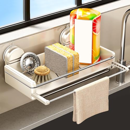 Porta Estropajos Fregadero con Ventosa Organizador Fregadero con Bandeja de Drenaje Guarda Estropajos Fregadero de Acero ai Carbono para Cocinas, Baños, Balcones(White)