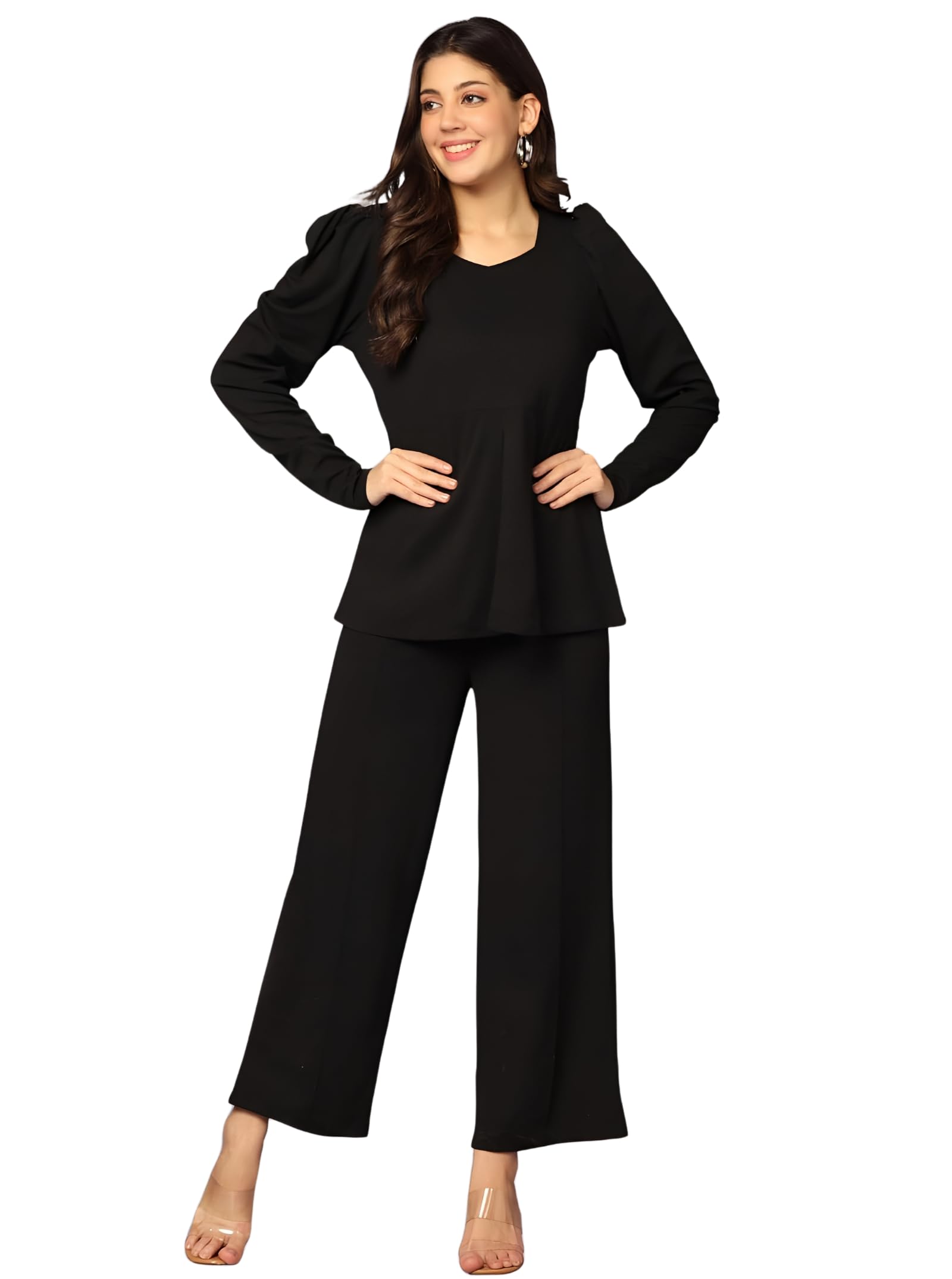 Women's Square Neck Front Slit Full Sleeve Casual Top & Trouser for Office/Meeting & Party Co-Ords Set
