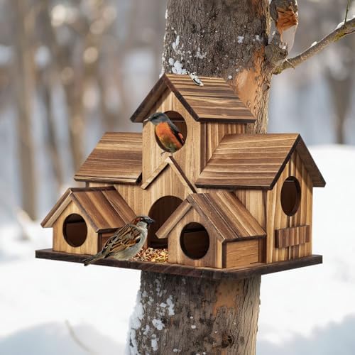 best birdhouses for yellow bellied sapsuckers that will amaze you 6 GLOPHOK Bird Houses for Outside, Outdoor 5-Hole Birdhouse for Bluebirds, Finches, Cardinals and Yellow Finches, Wooden Hanging Birds House Wild Bird Nest Garden Decorative