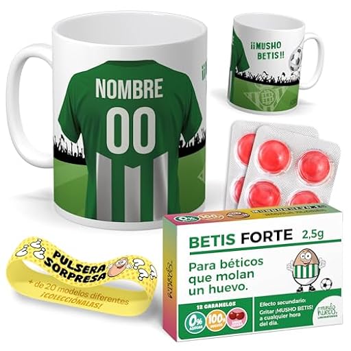Taza Personalizada con Nombre Camiseta Betis Fútbol | Pack con Taza, Pulsera Coleccionable y Caramelos Divertidos | Regalo Original para Beticos | Perfecto para Navidad o Cumpleaños | Betis | Ya disponible en tu tienda friki favorita! En mundofriki.es!