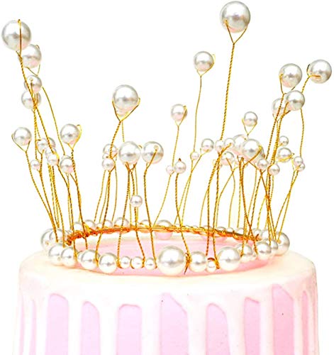 Image of Cake Topper White Pearl Gold Crown Cake Decorations for Wedding Birthday Party Decoration Party Decorations Queen Princess Tiara