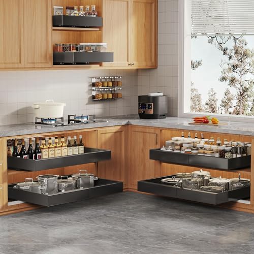 4 Pack Expandable Width (15.15"-26.3") Pull Out Cabinet Organizer 21" Deep with Raising Pad for Framed Cabinets, Upgrade 3 Slide Rails Slide Out Drawers, Roll Out Shelves Adhesive, Black
