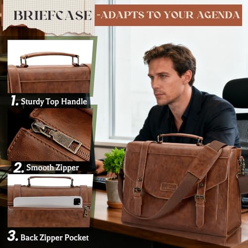 Image of RAINSMORE Flap Messenger Bag for Men Vintage PU Leather Laptop Bag 15.6 Inch Retro Briefcase with Wallet Satchel Computer Bag