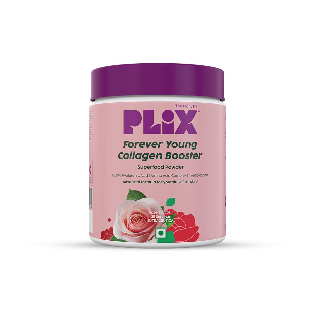 PLIX Collagen Supplement Powder to support Skin Elasticity, Firmness & Youthful Glow | 100% Plant-based with Hyaluronic Acid & Vitamin C | For Women & Men | Rose Flavour, Pack of 1