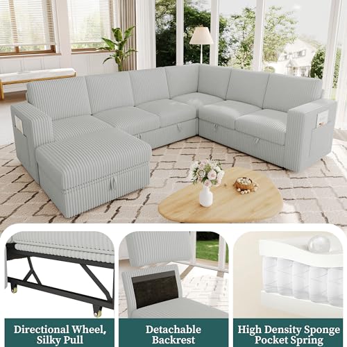 Image of 106.7 inch Corduroy Sectional Sleeper Sofa Pull Couch with Storage Light Gray