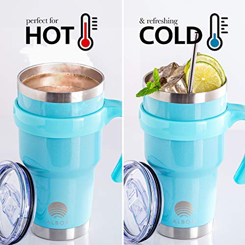ALBOR Triple Insulated Stainless Steel Tumbler 30 Oz Shimmer Blue Coffee Travel Mug With Handle