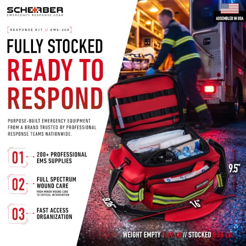 Scherber First Responder Fully-Stocked Professional Essentials EMT/EMS Trauma Kit | HSA/FSA Approved | Reflective Bag w/8 Zippered Pockets & Compartments & 200+ First Aid Supplies - Red - Image 2
