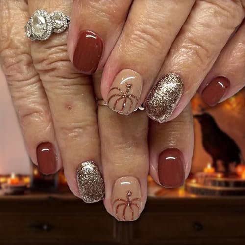 COCDLAN 24Pcs Halloween Press on Nails Short Square Fake Nails with Cute Halloween Pumpkin Designs, Press on Nails Glossy Acrylic Nails Full Cover False Nail for Women
