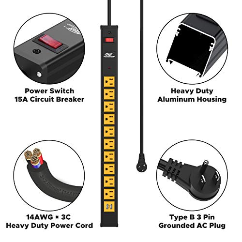 Crst 10-Outlet Heavy Duty Power Strip Surge Protector With Usb(3.4A) 6 Feet Extension Cord With Mounting Brackets 15A Circuit Breaker 1500 Joules #TOP3
