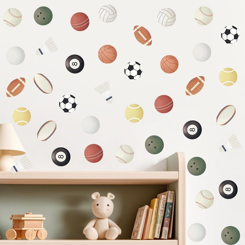 Sports Ball Wall Decals 8 Sheets Decoration Bedroom Living Room Nursery Kitchen Glass Doors Windows Nursery Classroom Bathroom,Football Tennis Baseball Soccer Waterproof Decals
