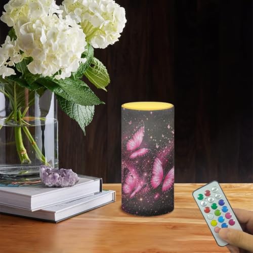 Image of Poceacles Flameless Light Candles Battery Operated Candles with Color Changing Timer Remote Control Tealights for Home Beach Dinner Party Banquet Decor, Butterfly Galaxy Pink