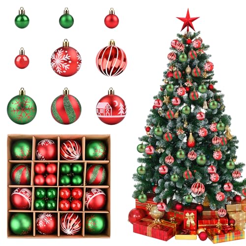 Juego de 44 Bolas de Navidad Rojas y Doradas, Bolas de Navidad de 6cm/3cm, Decoración de Bola de Navidad Inastillable Plástico, Adornos Arbol Navidad para Adornos Navidad (Rojo y Verde)