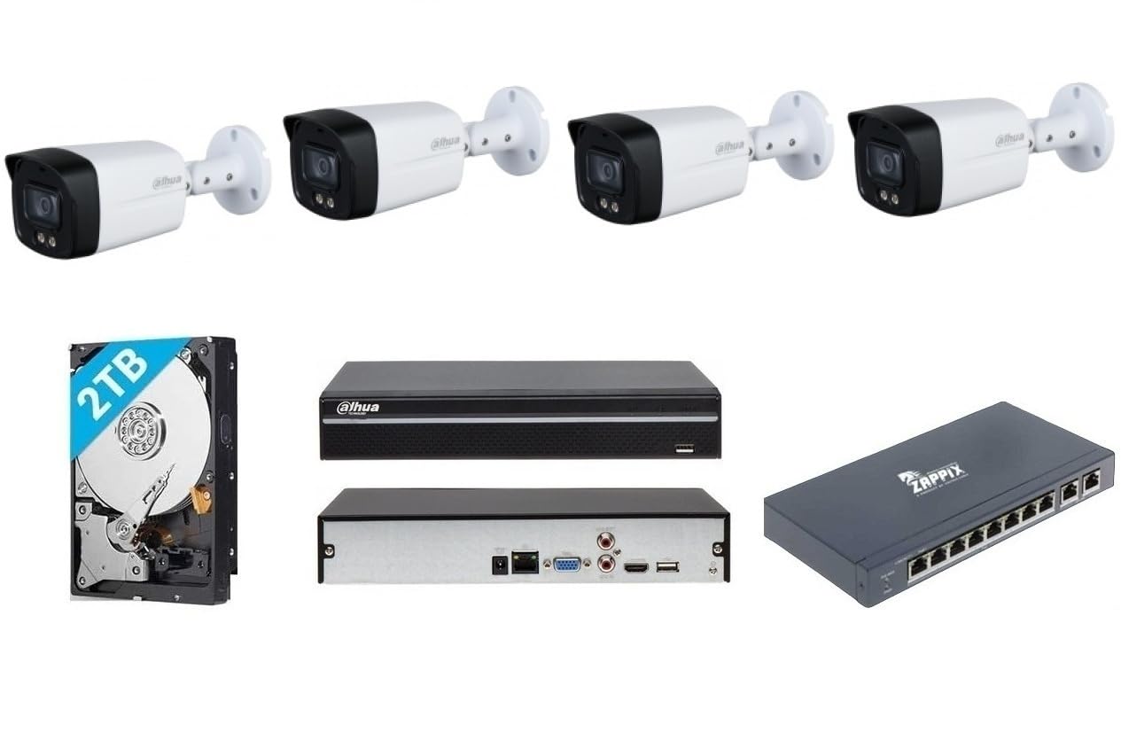 Dahua 4MP 1440p IP Full-Colour with Audio(Built in Mice) Colour Vision in Night Camera Full Set with 4Nos Outdoor Bullete Camera,8 Channel NVR,8 Port POE Switch,2TB Hard Disk