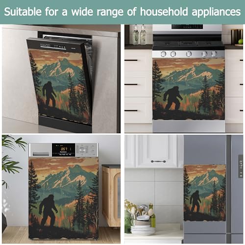 Image of Vintage Bigfoot Refrigerator Magnet Cover,Forest Mountain Washable Dishwasher Magnets Decorative Cover,Home Kitchen Decorative Dishwasher Front Panel Cover 23x26 Inch