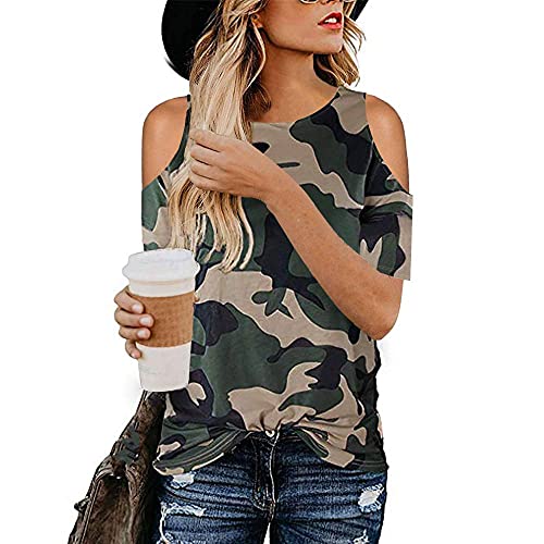 SHOUTIBAOBAO 3D T-Shirts - Camouflage Léopard Épaules Nues Impression Femmes Top Vêtements Été Cool T-Shirt Décontracté Mode sans Manches en Coton Ample Respirant Chemise Slim, Camouflage, L