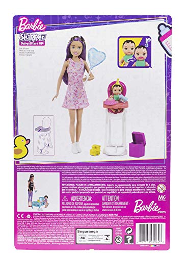 Barbie Skipper Muñeca canguro con vestido y bebé, con trona de niño de juguete y accesorios de cumpleaños (Mattel GRP40)