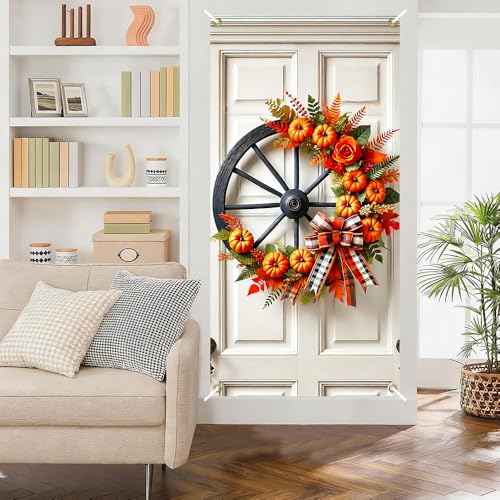 Image of Fall Wagon Wheel Door Cover 35x71in Pumpkin Plaid Bow