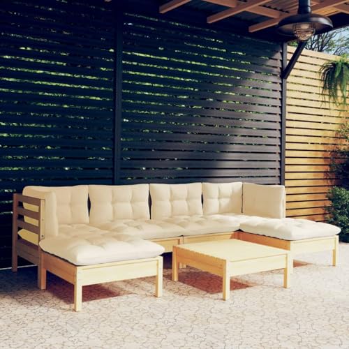 Homgoday Muebles de jardín 7 Piezas Cojines Madera de Pino Color Crema Sofá de jardín Muebles de Exterior para jardín, terraza, exterior3097085