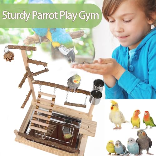 Image of Bird Playground, Parrot Perch Stand, Natural Wood Bird Play Stands for Cockatiel Wood Perch Gym Playpen Ladder with Removable Tray and 2 Stainless Steel Cups, Bird Cage Accessories, Parrot Swing
