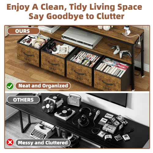 Image of JUSTOGO TV Stand with Mount & Power Outlet for 32-70 Inch TVs, Rustic Brown | TV Console with Drawers & Led Lights, AC Outlets & USB Ports, For Living Room, Bedroom, Height Adjustable, Swivel TV Cabinet