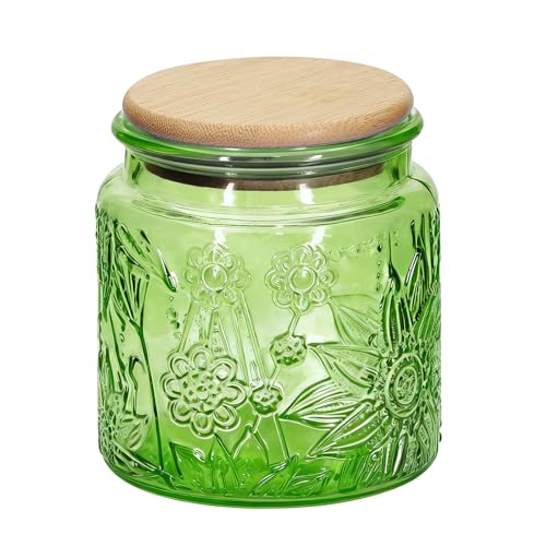 1Pc 17oz Sunflower Style Vintage Glass Candy Jar with Airtight Bamboo Lid, Kitchen Storage Canister for Sugar, Coffee, Tea, Cookies, Bath Salt - Decorative Mason Jar (1, Green, 17oz)