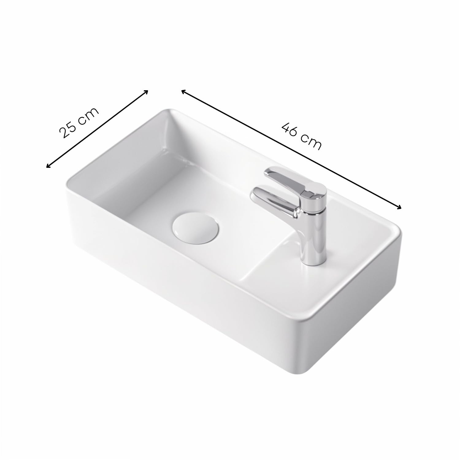 Lavabo de cerámica para invitados para montaje en pared o sobre encimera con orificio para grifo en 46 x 25 cm, en blanco brillante o negro mate
