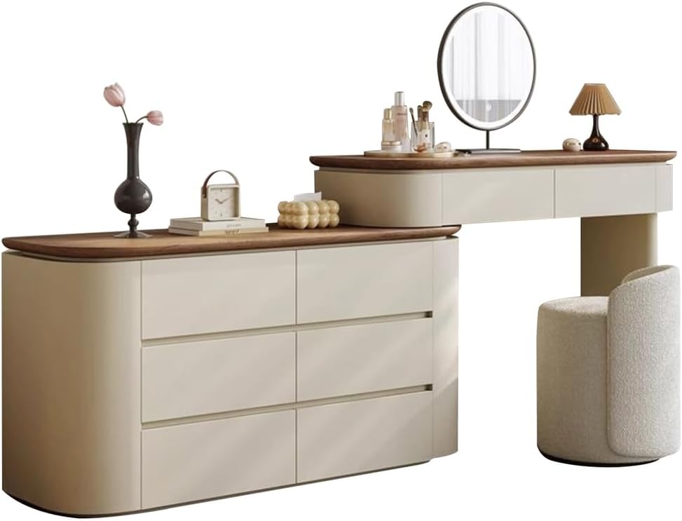 Vanity Table with 3-Colour LED Mirror & 8 Drawers, Modular Makeup Dressing Table with Comfortable Stool, Vanity Desk with Storage for Bedroom Furniture