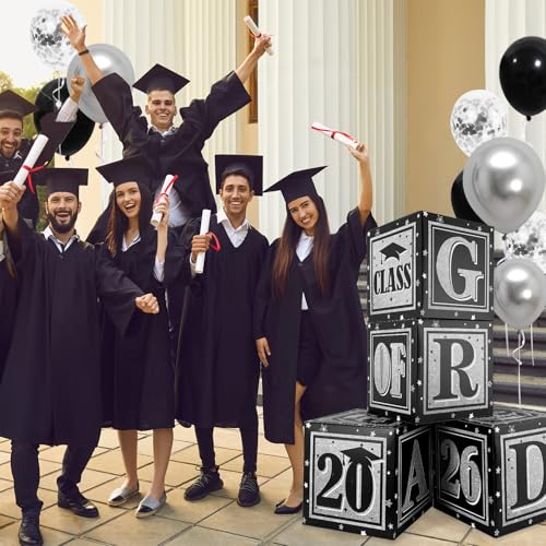 Image of Black and Silver Graduation Decorations Class of 2026 Balloon Boxes with inchGRAD inch and inchCLASS OF 2026 inch Letters Graduation Boxes for High School and College Announcements
