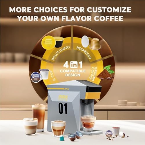 Image of 4in1 Single Serve Coffee Maker, 19 Bar Espresso Maker Coffee Machine For K-Cup /Nespresso Original Line Capsules /Dolce Gusto /Ground Coffee (Orange)