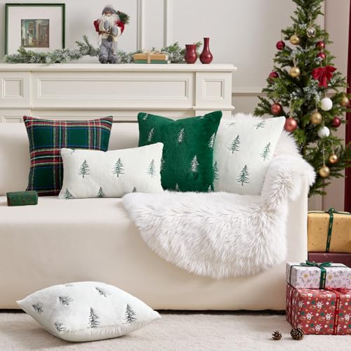 Image of MIULEE Christmas Decorative Pillow Covers Set of 2 Faux Fur Throw Pillows with Embroidered Christmas Tree 18x18 Inch White Black Winter Couch Covers for Festival Sofa Bedroom Living Room Home Decor