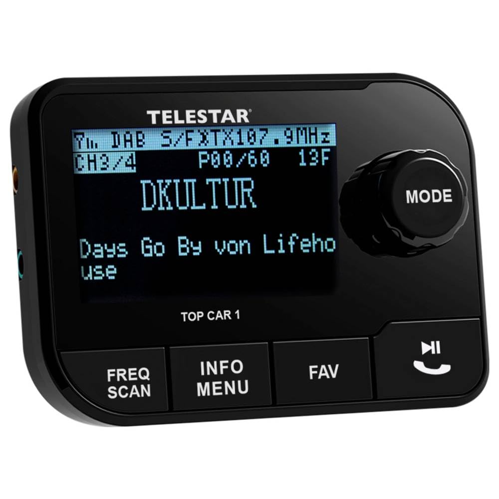 TELESTAR Top Car 1 – Dab+ Adaptador para autoradios, Ranura microSD – Negro | FM-Transmisor, salida Line-Out, streaming de audio Bluetooth, pantalla 2,3″, soporte con ventosa