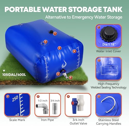 Image of LANUEVA 105 Gal /400L Portable Water Storage Bladder, 1000D PVC Foldable Water Tank with Spigots and Overflow Kit, Water Storage Containers for Emergency Water, RV, Irrigation&Camping (Blue, 400L)