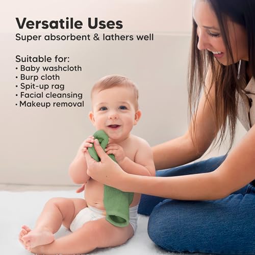 Image of 6-Pack Baby Washcloths - Soft Absorbent Viscose from Bamboo Washcloths for Face, Body, Baby Towels for Newborn, Kids, Toddlers, Infant, Gentle on Sensitive Skin, 10x10 Reusable Face Towels(Verde)